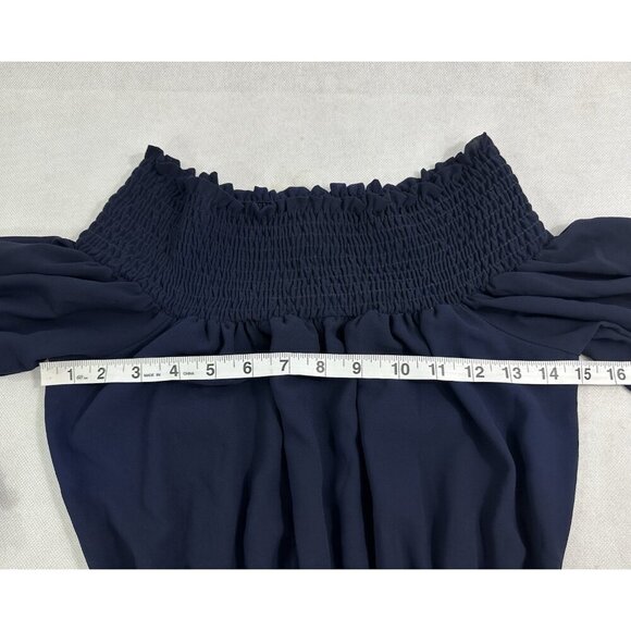 Misa Los Angeles Navy Smocked Cottage Gore Pom Midi Dress Women’s XS Read - Picture 11 of 11